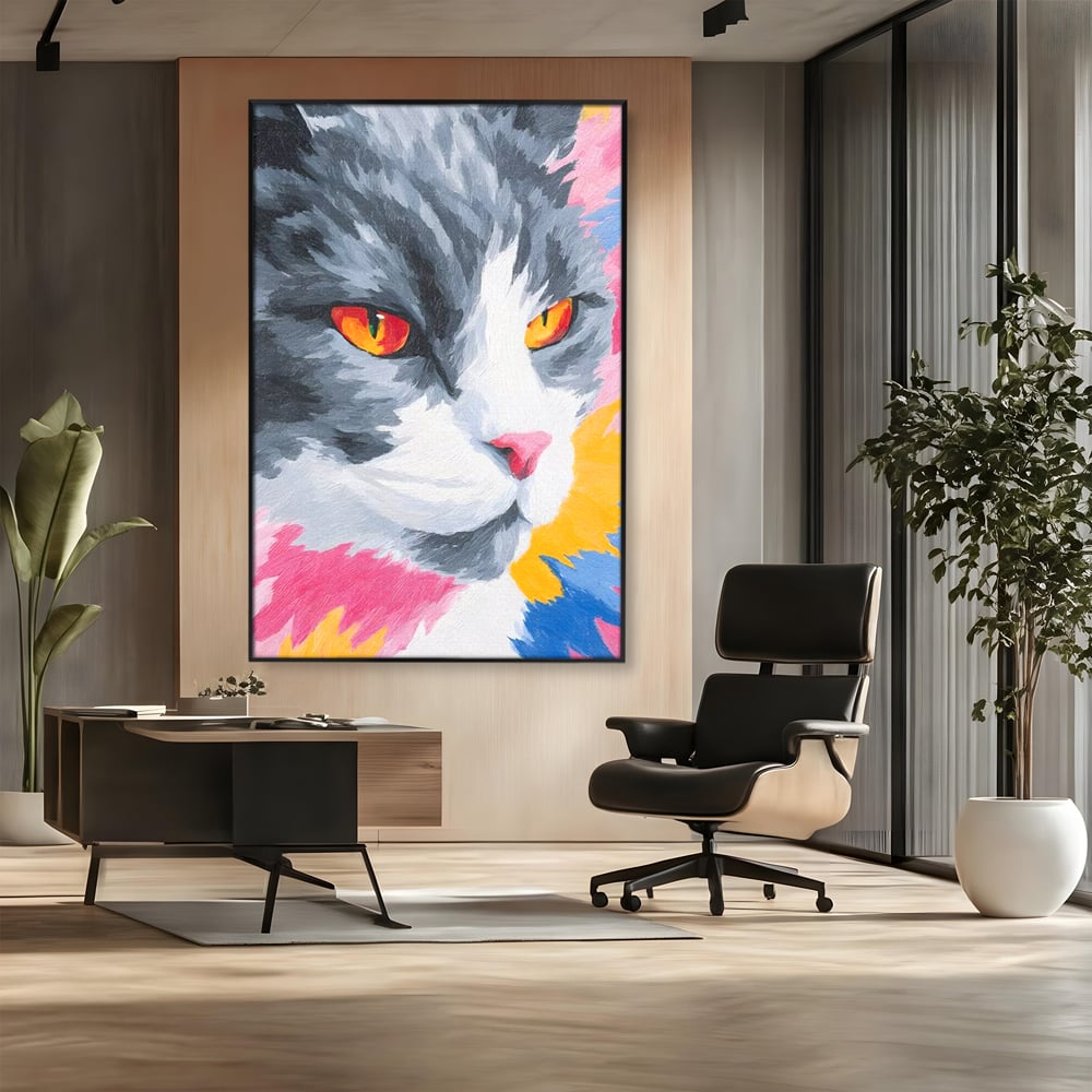 Tablou canvas cu tablou canvas cu portret de pisica, in rama de aluminiu negru, pe perete intr-un birou